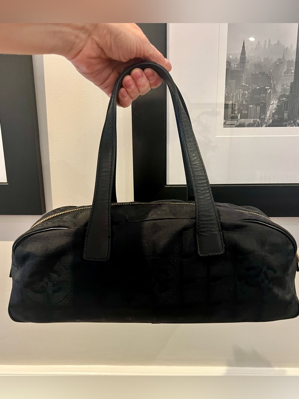 CHANEL Travel Line Black Nylon CC Logo Satchel Mini Boston Bag